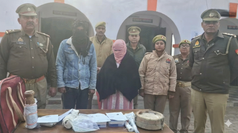 संभल में राहुल हत्याकांड की जांच करते पुलिस अधिकारी, पत्नी और प्रेमी पर हत्या का आरोप