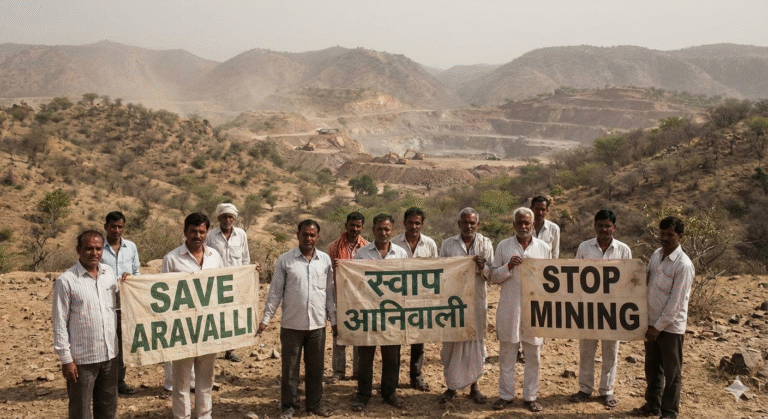 Environmental groups protest to protect the Aravalli Hills amid ongoing legal and policy debate.