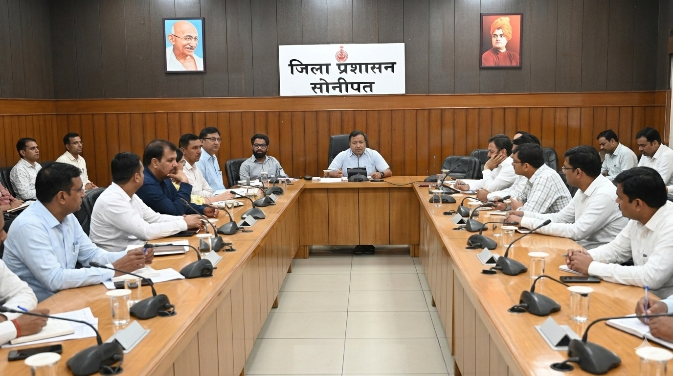 सोनीपत में मुख्यमंत्री घोषणाओं के विकास कार्यों पर अधिकारियों के साथ समीक्षा करते उपायुक्त सुशील सारवान